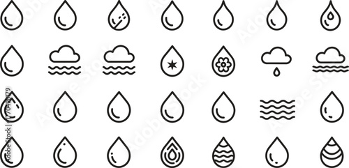 Water Drop and Weather Icons Set - Rain, Cloud, and Water Symbols