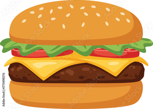 A delicious-looking cheeseburger with a sesame seed bun, lettuce, tomato, and melted cheese.