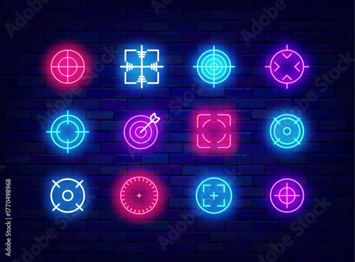 Target neon icons collection. Biathlon sport. Army sonar and aim. Business goal. Purpose symbols. Vector illustration