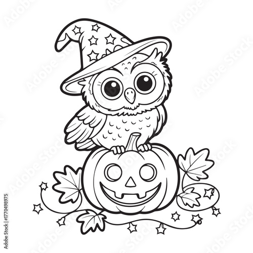 A charming cartoon owl wearing a witch hat sits atop a smiling jackolantern, with autumn leaves and stars scattered around