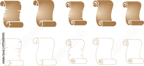 Old scroll paper icon set, antique parchment, vintage manuscript, and rolled document collection, ancient writing and medieval paper group in black line and flat and gradient style vector illustration