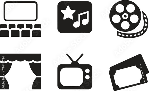 Set of Movie and Cinema Icons - Film, TV, Tickets, and Theater Symbols