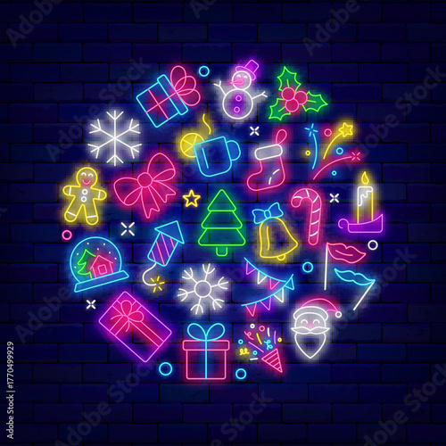 Winter neon circle banner. Christmas event. Layout with holiday icons. Santa Claus, present. Vector stock illustration