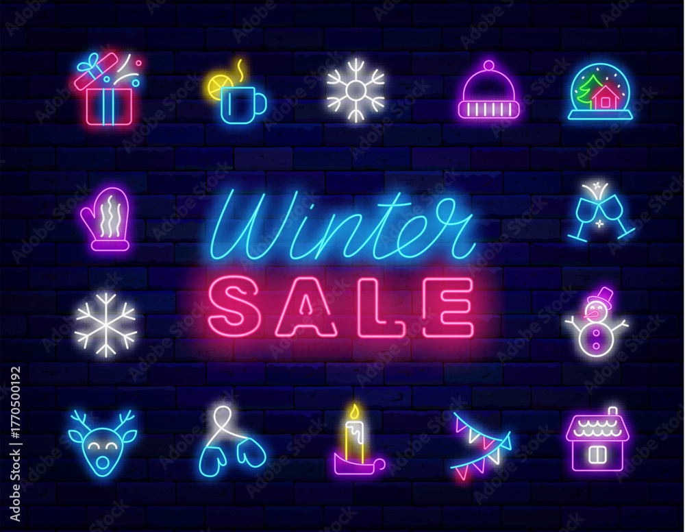 Obraz premium Winter sale. Christmas shopping neon poster with icons collection. Santa Claus, deer. Vector stock illustration