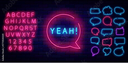 Yeah neon sign in speech bubble. Consent and agreement. Game design. Label for casino, talk show. Vector illustration