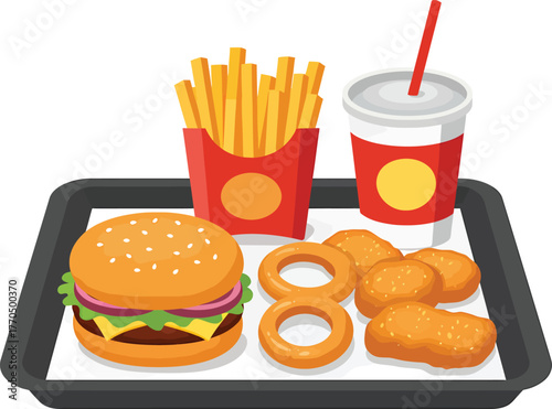 A fast food meal on a tray including a hamburger, french fries, chicken nuggets, onion rings, and a soda.