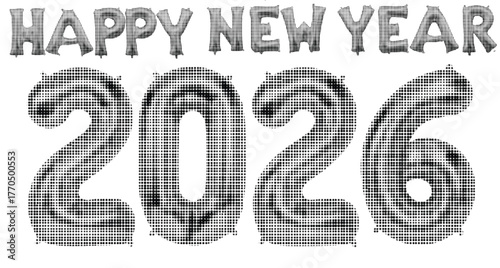 Metallic balloons spell out Happy New Year 2026, set against a festive backdrop, perfect for ushering in the year.