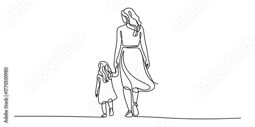 Elegant continuous line drawing of a mother holding her daughter's hand vector
