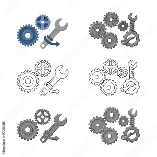 Gear and Engineering Icon Set, 4x4 Minimalist Grid