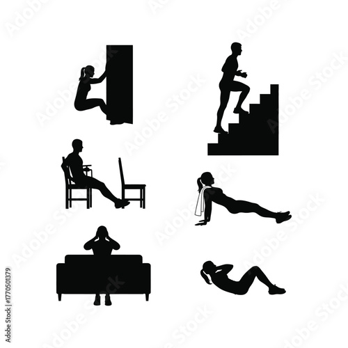 Silhouette icons of people doing various exercises