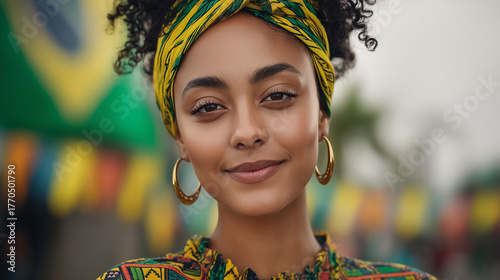 Celebrating Black Consciousness Day A portrait of a proud woman with a vibrant headwrap and colorful clothing, symbolizing the spirit of Dia da Consciência Negra