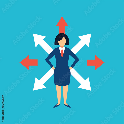 businesswoman evaluating multiple arrow directions