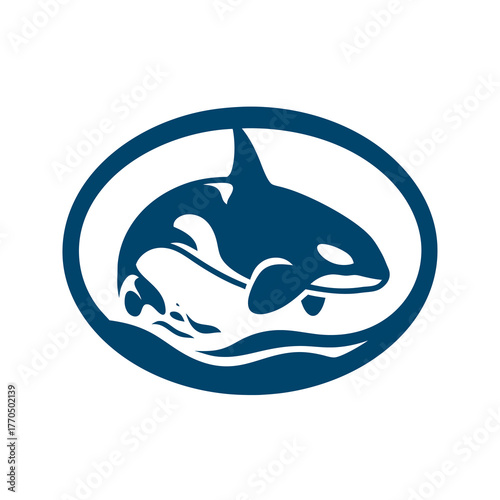 Dynamic dark blue orca whale breaching out of ocean waves in a decorative oval emblem. Powerful marine animal illustration.