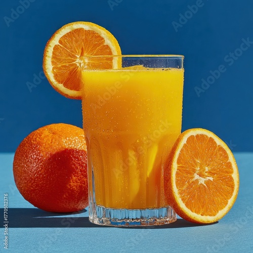 Bright orange juice in a tall glass with orange slices and whole fruit on a blue surface