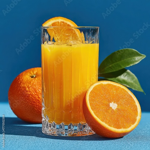 Glass of fresh orange juice with fruit, slice, and foliage on blue surface
