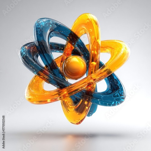 3D rendering of a semi-transparent atom model, blue & amber orbitals, central sphere