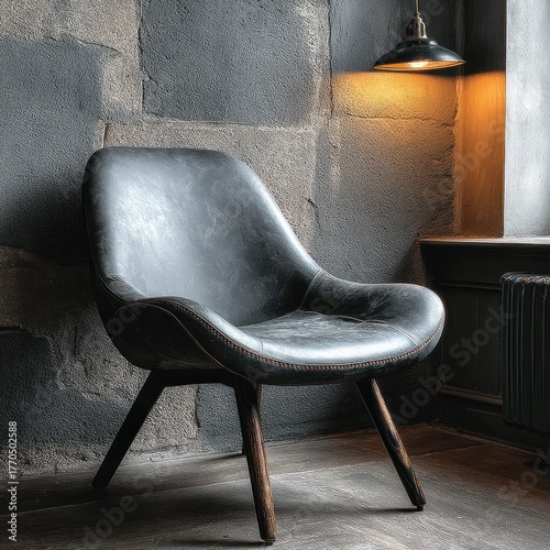 A sleek, dark leather chair sits near a stone wall bathed in soft, warm light from an overhead lamp