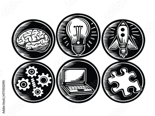Detailed Woodcut Style Icons for Innovation, Tech, and Business