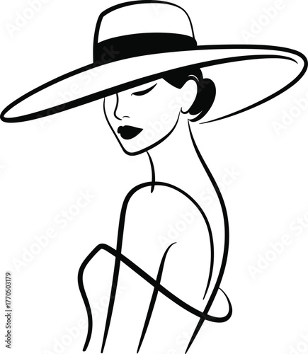 Black and white line art of a woman wearing a wide brim hat