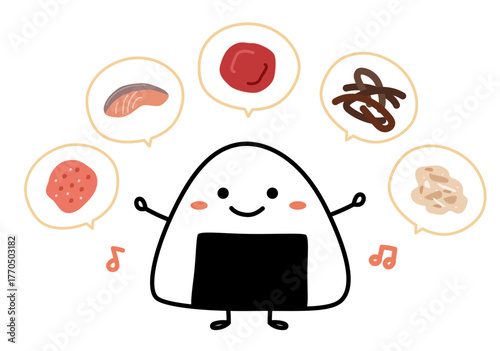 おにぎりのキャラクターと色んな具のイラスト