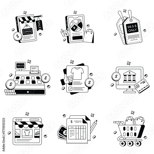 Smart Delivery Service And Invoice Payment Through Online Store System — Vector Icons Set 3