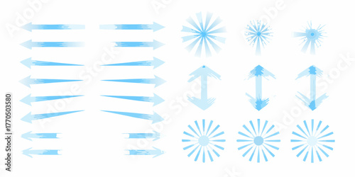 Collection of blue watercolor arrows and radial elements on a white background