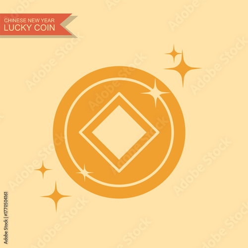Flat vector illustration of traditional Chinese lucky coin with square hole and sparkles. Symbol of wealth, good fortune, and prosperity for Chinese New Year decoration and design.