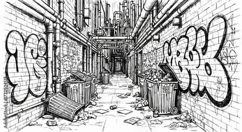 Urban alley with graffiti street art vector illustration.