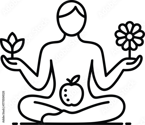 Person meditating with plant and flower in hands and apple in stomach