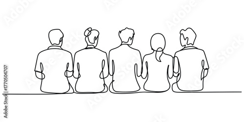 Minimalist continuous line drawing of five people sitting together side by side vector