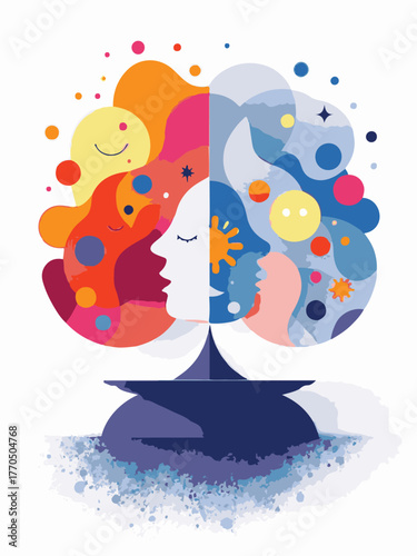 Dual personality psychology concept illustration with colorful abstract faces