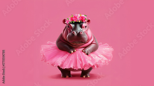 A confident hippopotamus dances gracefully in a pink ballet skirt, flowers adorning its hair, radiating style and charm.