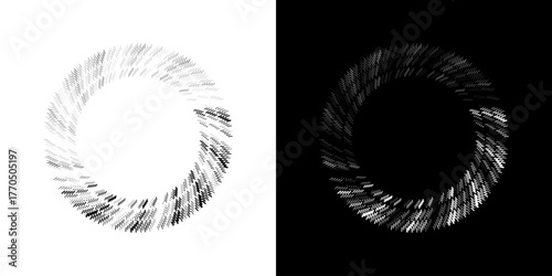 Dynamic abstract spiral sound wave rhythm lines. Circular spiral sound wave rhythm of lines. Circular futuristic abstract lines, black and white background.	
