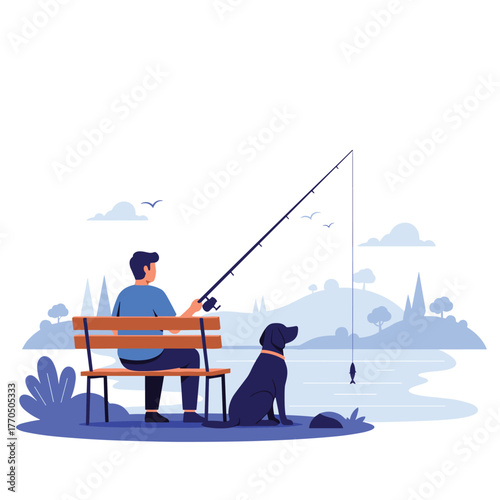 Man and his dog fishing by a tranquil lake amidst rolling hills and trees, enjoying a relaxing outdoor activity together.