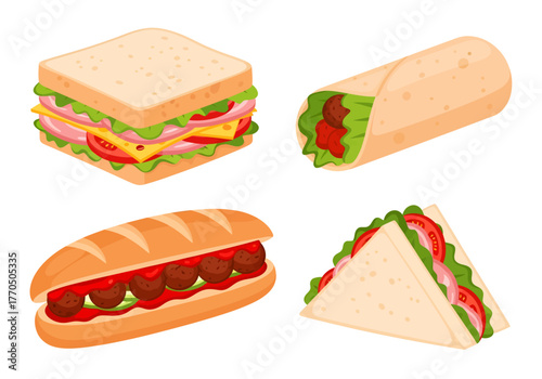 A colorful vector illustration set featuring four delicious sandwich varieties: a classic square, a meatball sub, a tortilla wrap, and a club sandwich