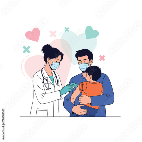 A masked female doctor gives a vaccine injection to a young child held by his father, both wearing protective face masks.