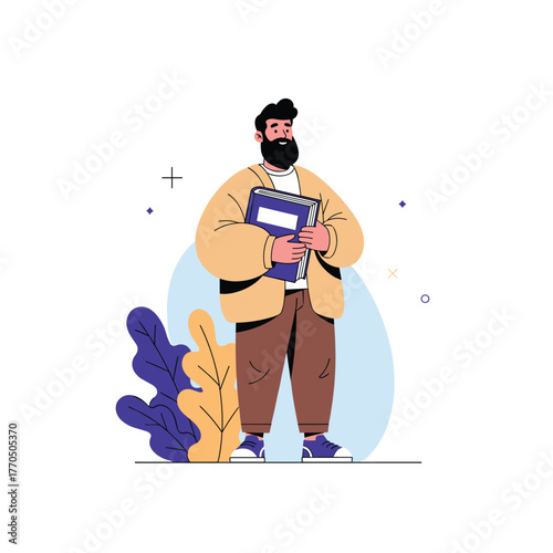 Confident bearded man holding a stack of books, representing academic pursuit and intellectual growth in a modern illustration.