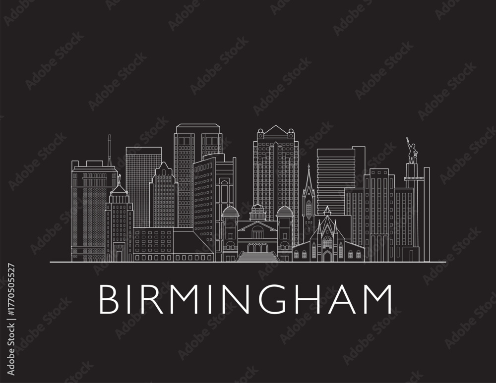 Fototapeta premium Birmingham, Alabama, cityscape illustration skyline drawing on a black background