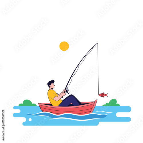 A man in a small boat enjoys a sunny day fishing with his rod, having successfully caught a small red fish from the blue water.