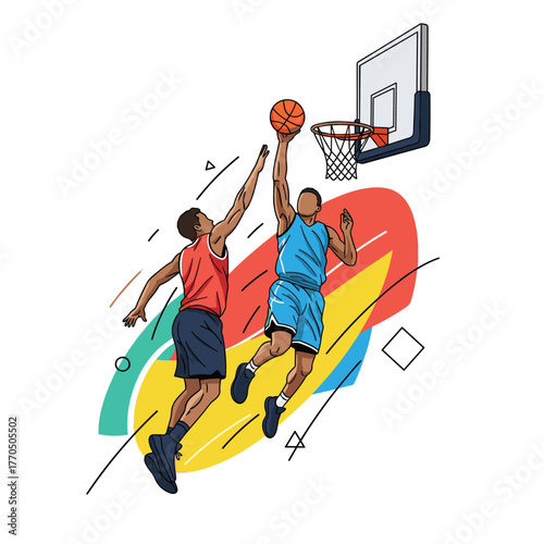 Basketball players in a competitive moment, with one player going for a basket and an opponent trying to block, set against a colorful abstract background.