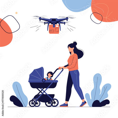 A woman pushes her baby in a stroller as a delivery drone flies overhead, illustrating modern convenience and technology.