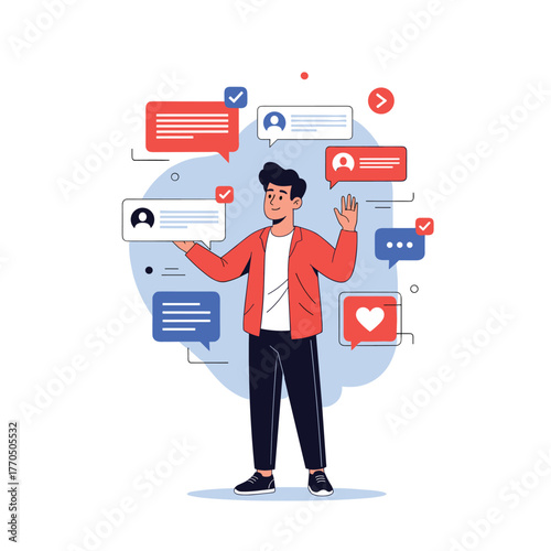 A young man is surrounded by a multitude of digital notifications and social media icons, representing online communication and interaction.