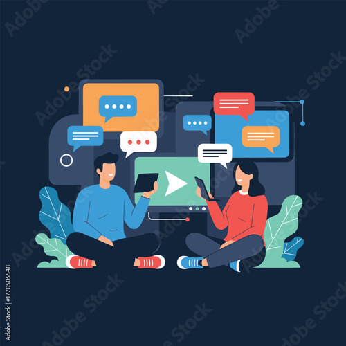 Two people engage in online communication and content consumption using digital devices, surrounded by chat bubbles and a video player interface.