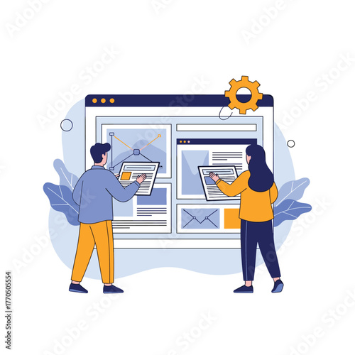 Two professionals collaborate on a large digital screen, meticulously developing a website or application interface with data analysis and optimization tools.