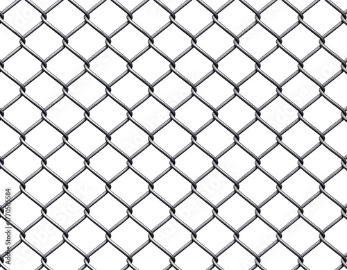 Detailed metal chain link wire mesh fence segment with silver galvanized steel appearance, isolated on transparent background.
