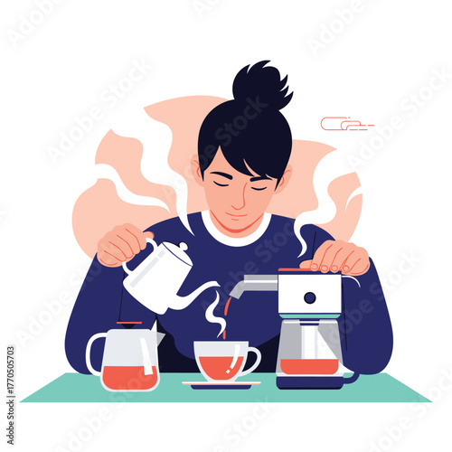 A person with dark hair in a bun meticulously prepares a hot beverage, pouring from a kettle into a cup and attending to a coffee maker.