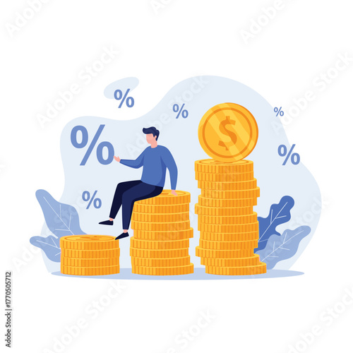Man sitting on growing stacks of coins surrounded by percentage symbols, representing financial growth and investment returns.