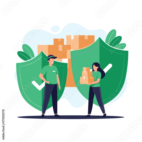 Secure delivery and logistics protection are represented by people, packages, and large green shields.