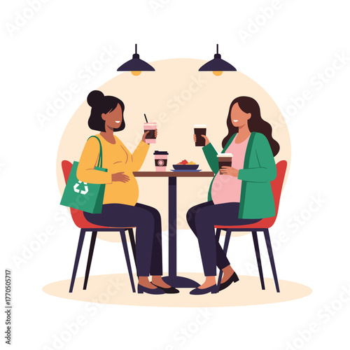 Two expectant mothers enjoy a casual chat over drinks at a cafe, celebrating friendship and the journey of pregnancy.