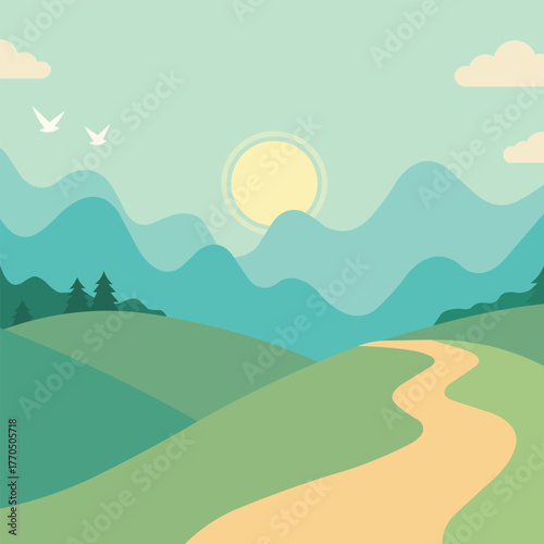 Minimal Mountain Landscape with Sunrise and Curved Path – Flat Nature Vector
